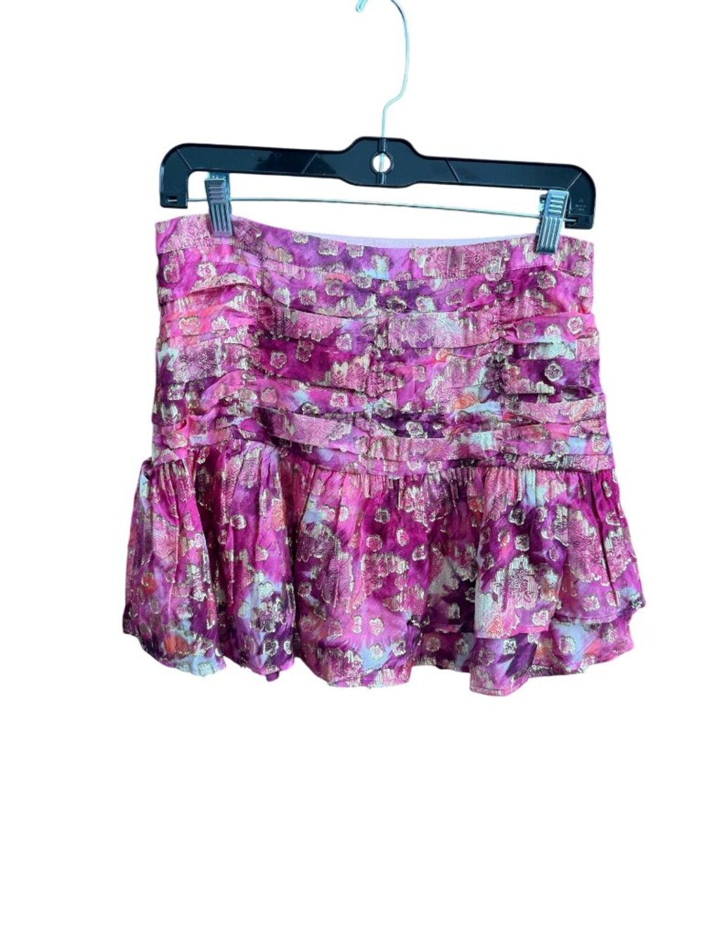 LoveShackFancy Pink Metallic Floral Mini Skirt With Ruched Details & Side Zipper
